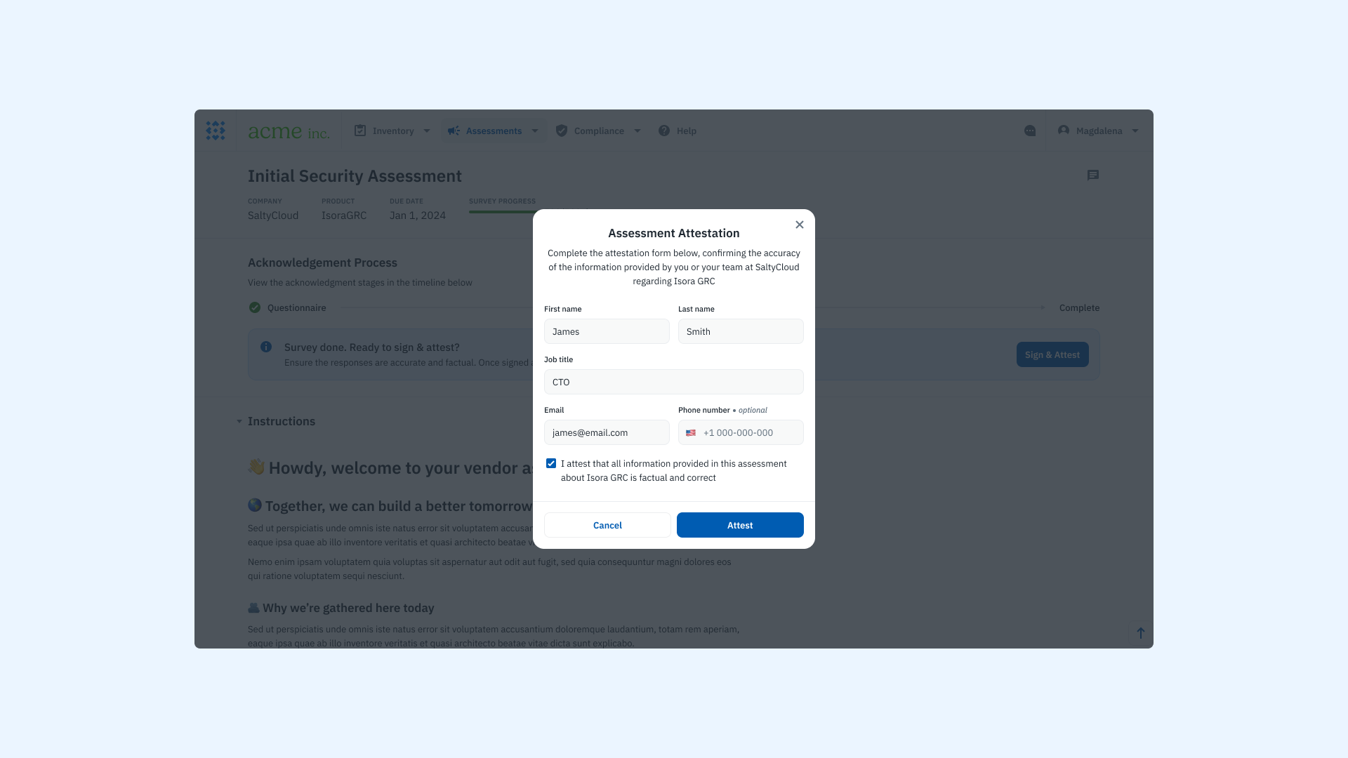 A product screenshot of the vendor attestation form on Isora GRC.
