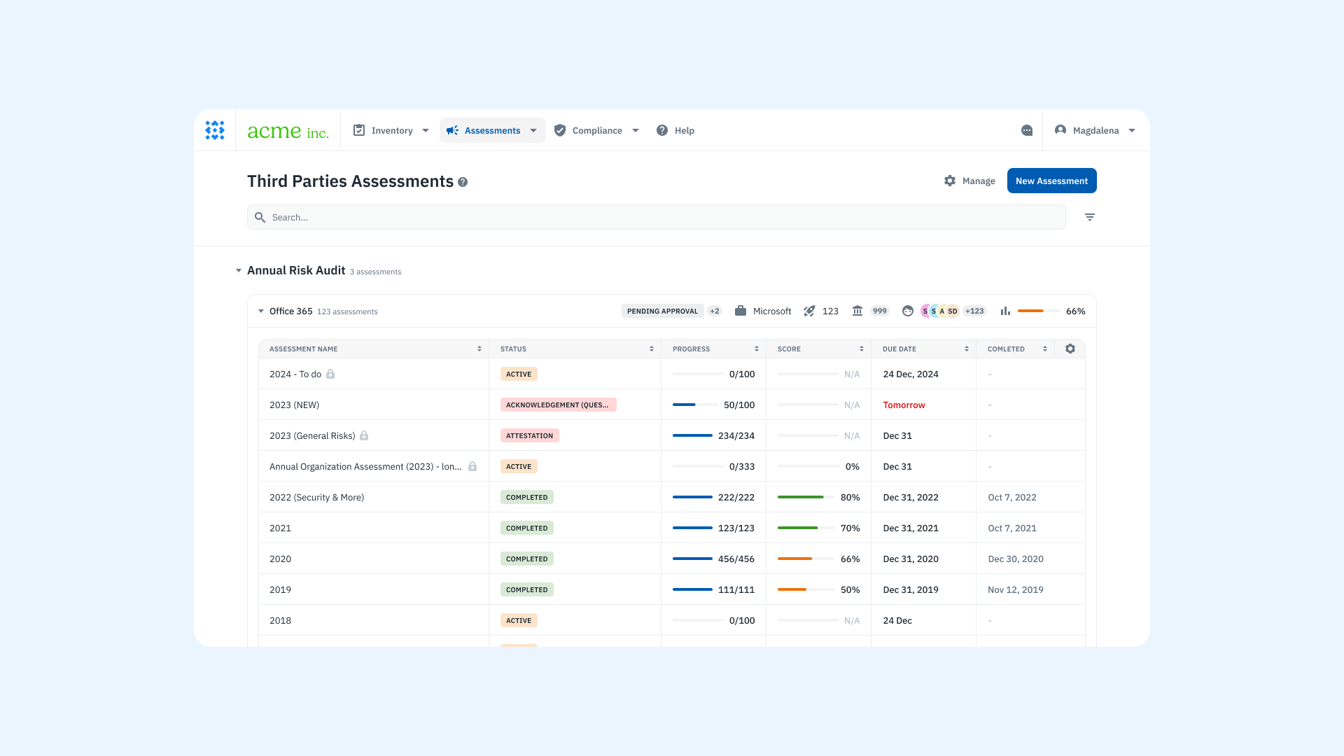 A product screenshot of the vendor assessment dashboard on Isora GRC.