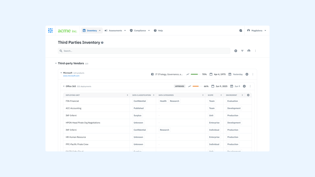 A product screenshot of the vendor inventory on Isora GRC.