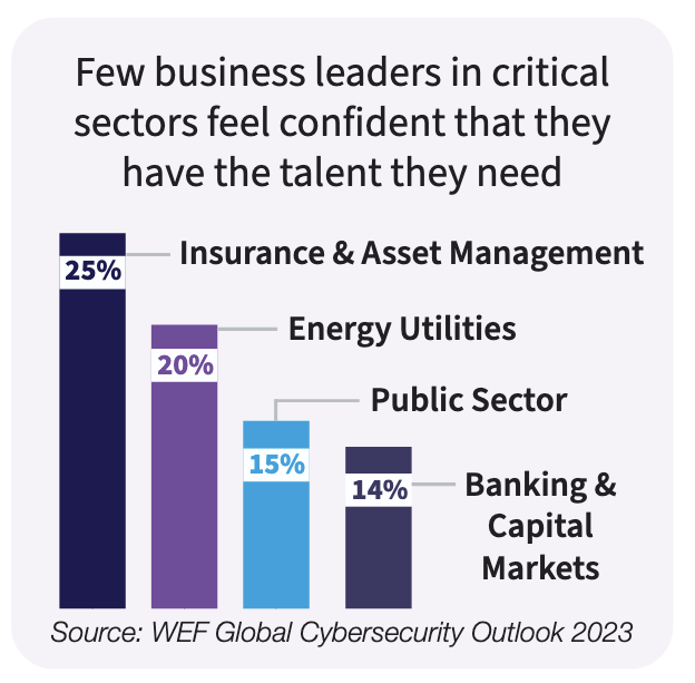Survey results showing low confidence among business leaders in critical sectors about cybersecurity talent—highlighting a key challenge in executing effective IT security risk assessments for banks.